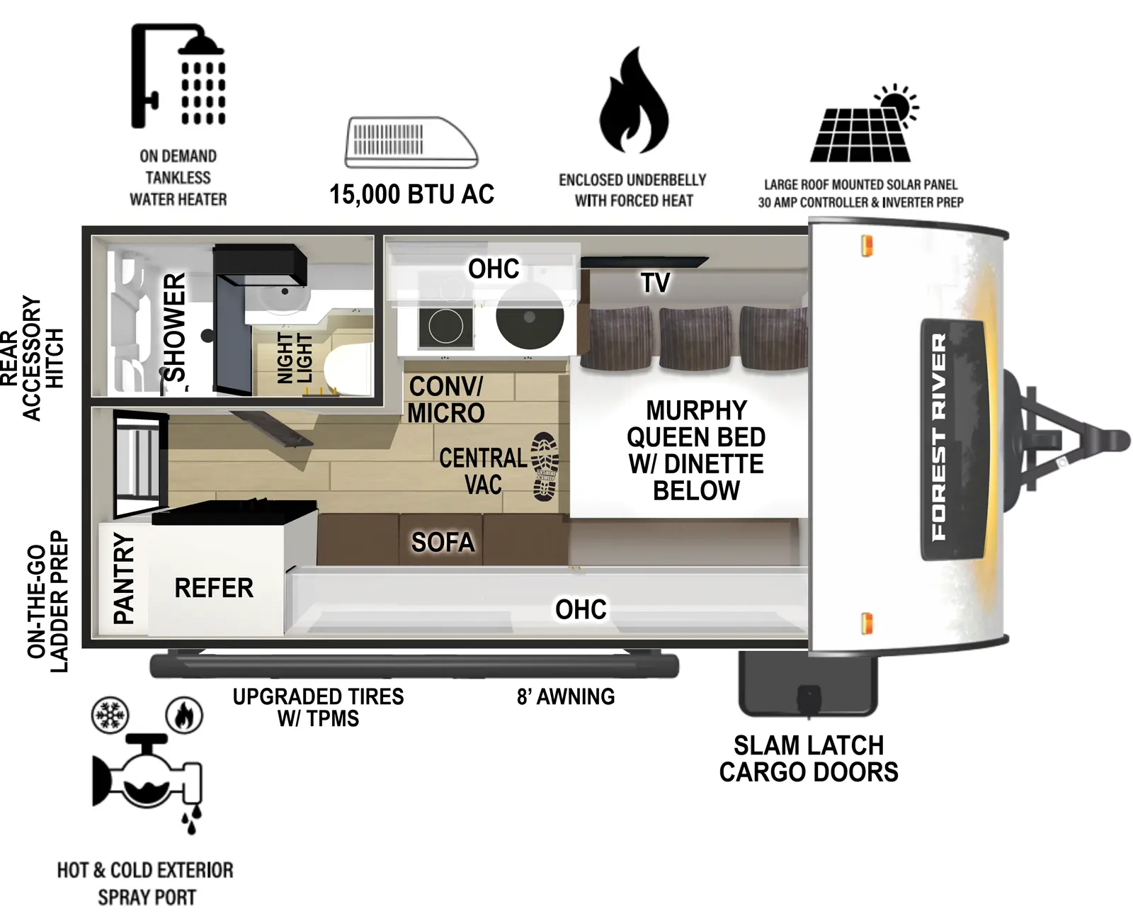 The r-pod West Coast RP-153 floorplan has one entry and zero slide outs. Exterior features include: fiberglass exterior and 8' awning. Interiors features include: murphy bed.